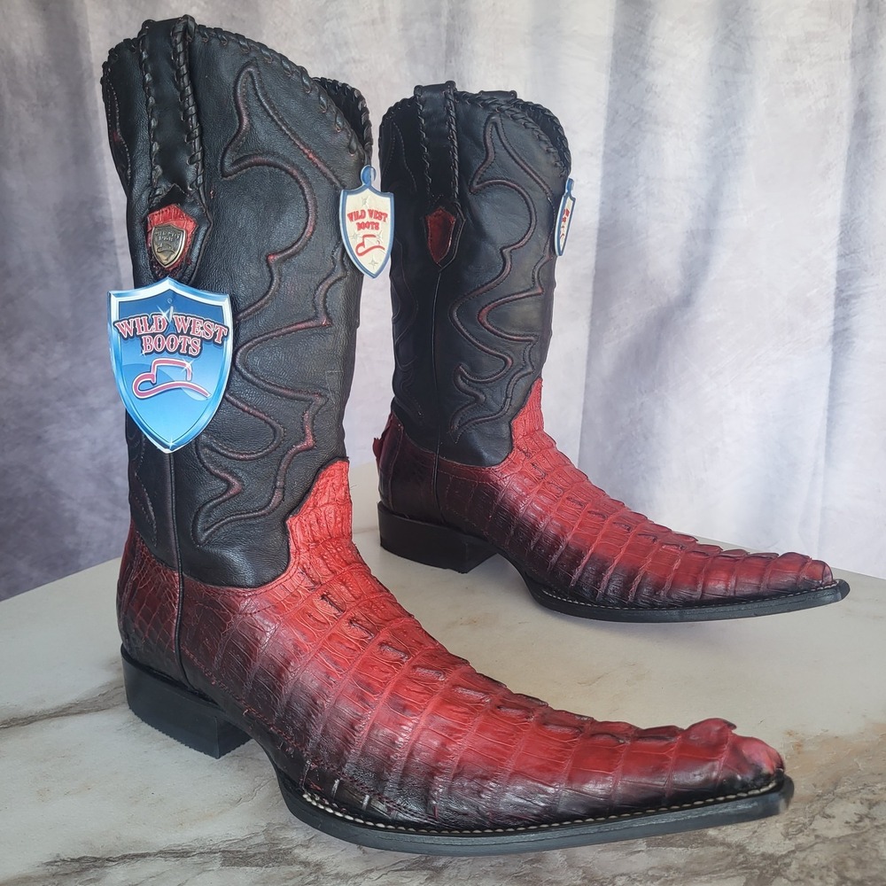 Wild West Genuine Alligator Boots Black Red Men's Size 8 Elongated Snip Toe